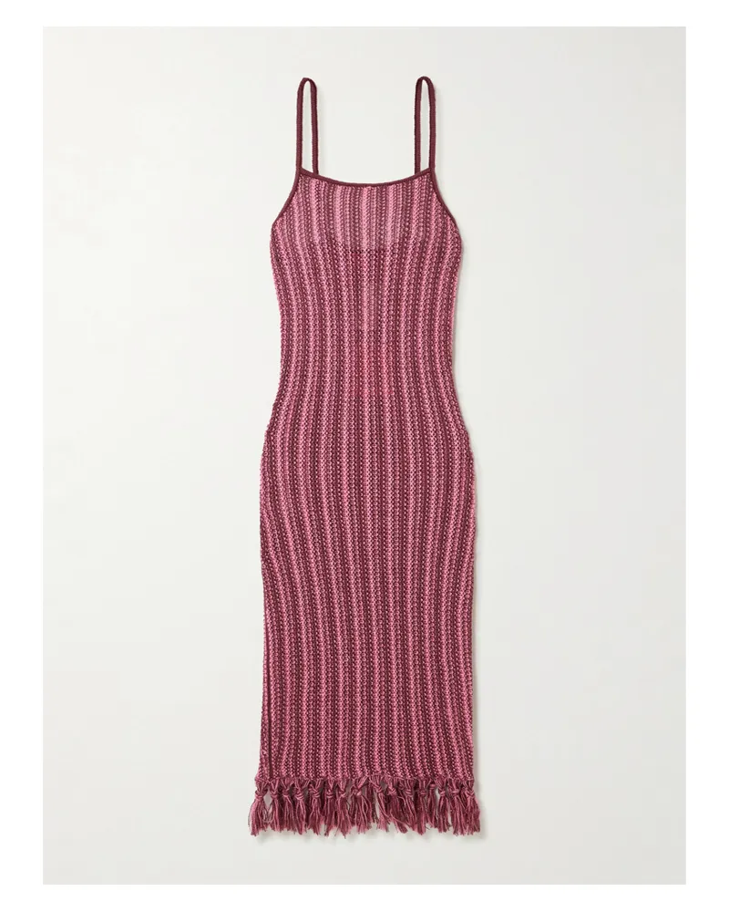 The Elder Statesman Gestreiftes Midikleid Aus Baumwolle In Lochstrick Mit Troddeln - Pink Pink