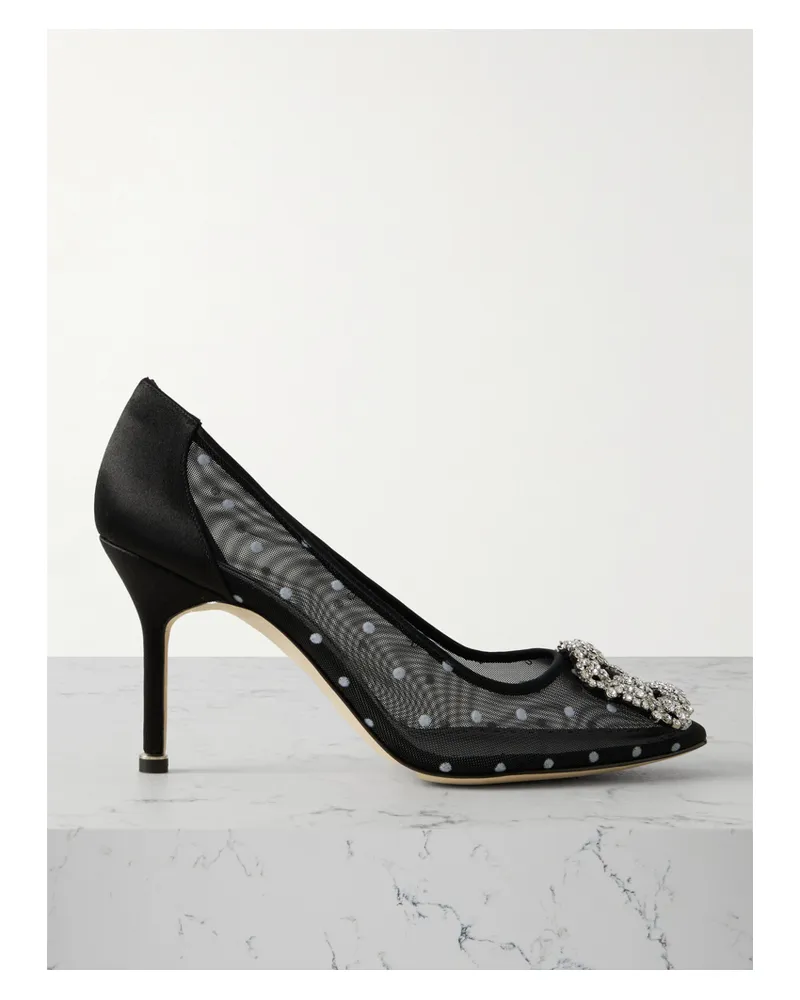 Manolo Blahnik Hangisi 90 Pumps Aus Beflocktem Mesh Mit Satinbesätzen Und Kristallen - Schwarz Schwarz
