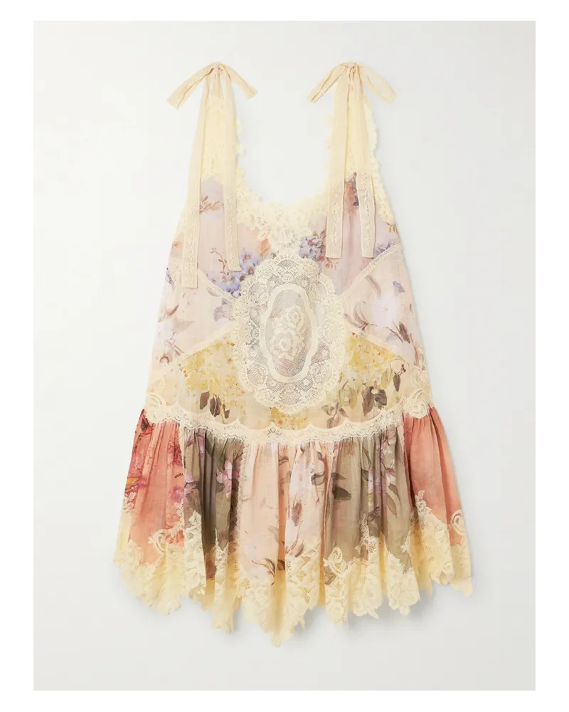 Zimmermann Cascadian Minikleid Aus Baumwollgaze Mit Blumenprint Und Spitzeneinsätzen - Mehrfarbig Mehrfarbig