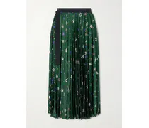 Belted Grosgrain-trimmed Pleated Floral-print Satin Midi Skirt - Green