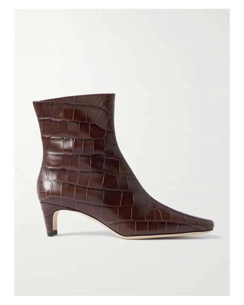STAUD Wally Croc-effect Leather Ankle Boots - Brown Brown