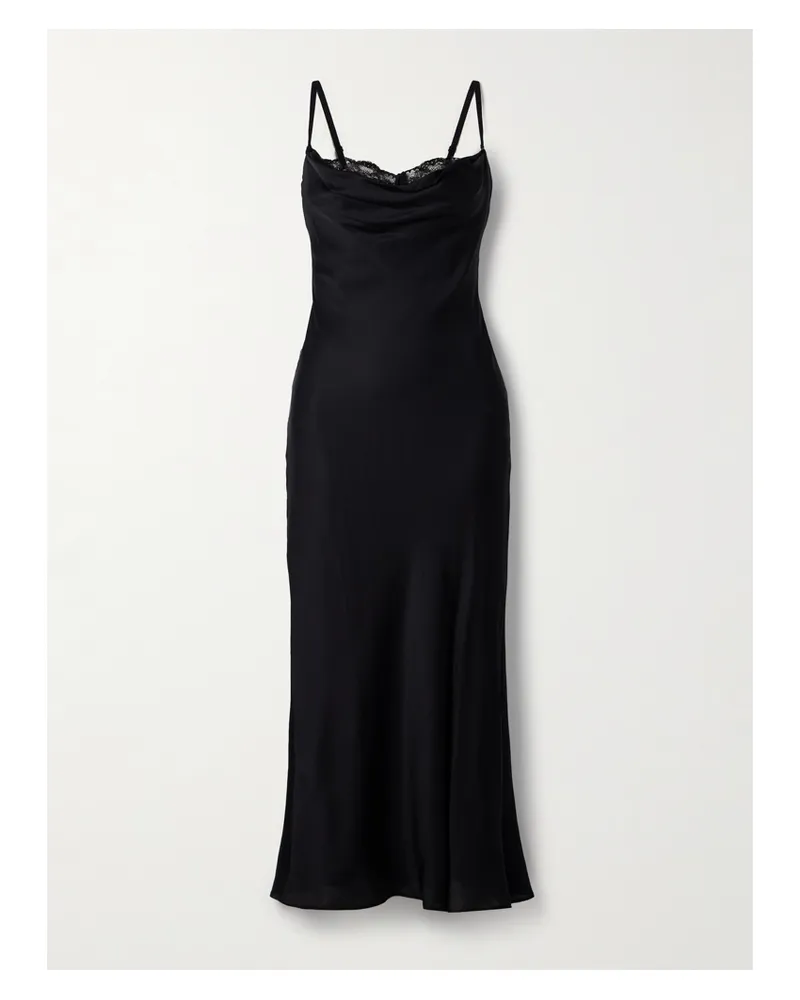 STAUD Evangeline Midikleid Aus Stretch-seide Mit Wasserfallausschnitt Und Spitze - Schwarz Schwarz