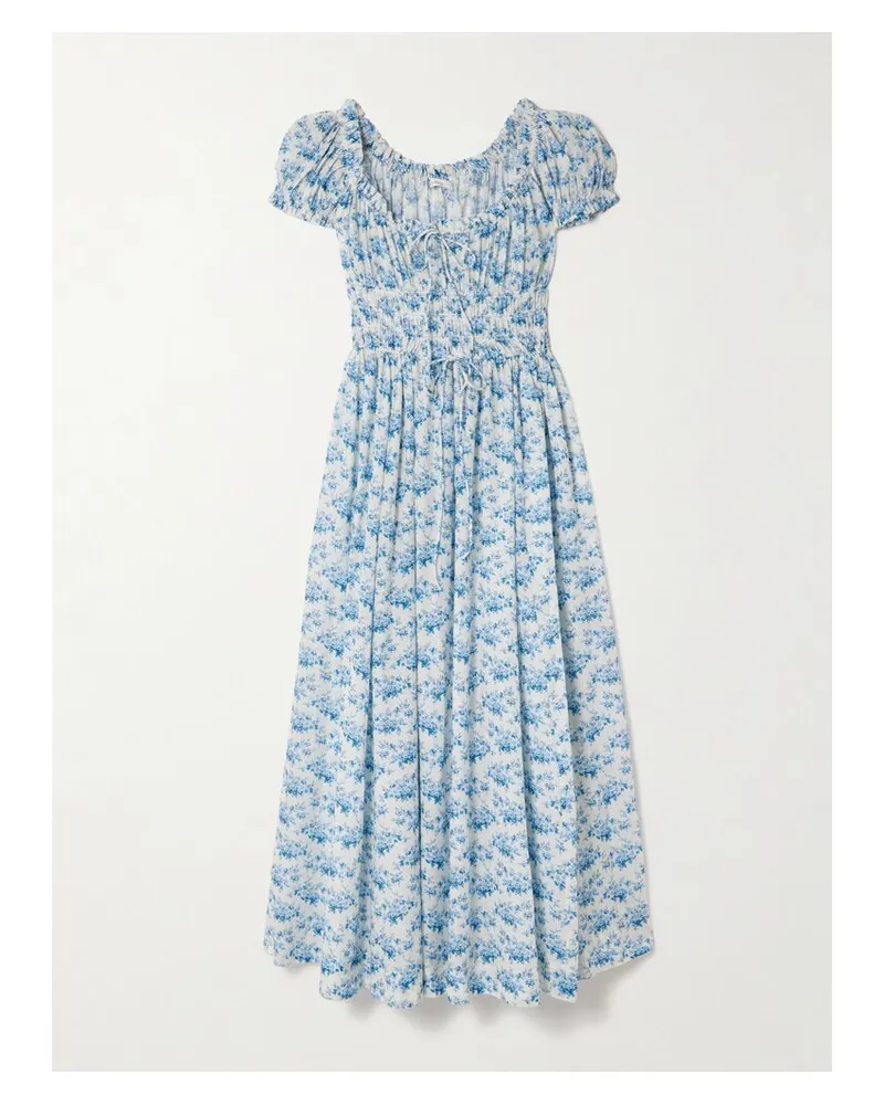 DÔEN Ashlynn Midikleid Aus Biobaumwoll-voile Mit Blumenprint Und Raffungen Zum Binden - Blau Blau