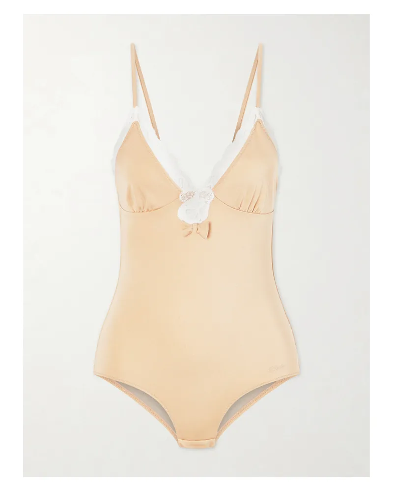 Chloé Bow-detailed Lace-trimmed Stretch-jersey Bodysuit - Neutrals Neutrals