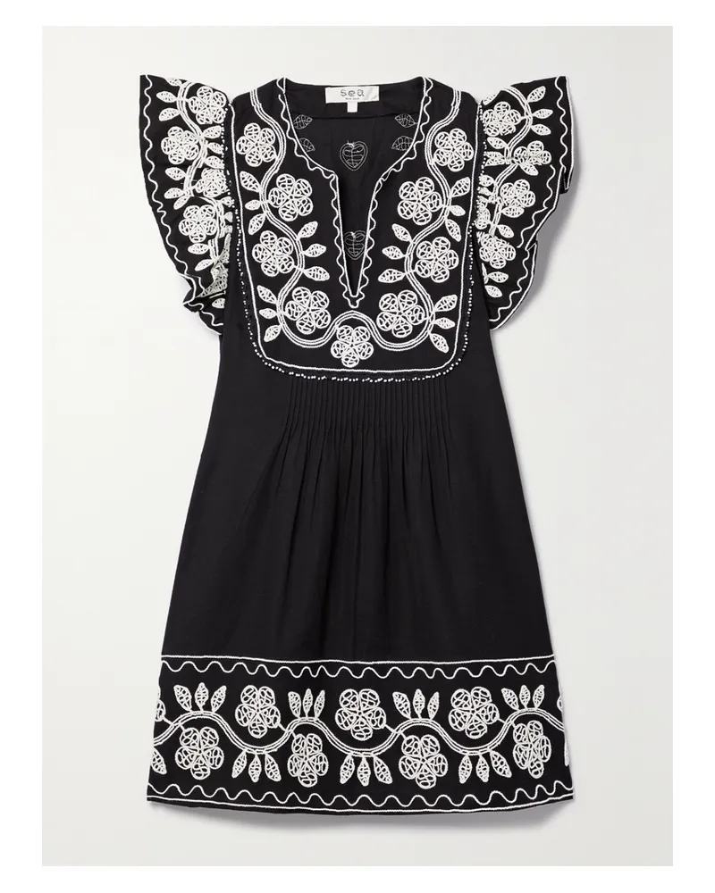 Sea Beck Minikleid Aus Einer Baumwoll-leinenmischung Mit Biesen Und Stickereien - Schwarz Schwarz
