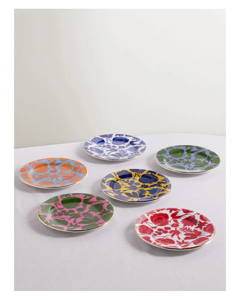 La DoubleJ Set Aus Sechs 20 Cm Tellern Aus Porzellan Mit Vergoldeten Details - Mehrfarbig Mehrfarbig