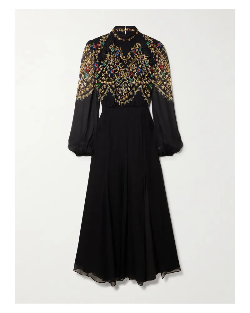 Saloni Jacqui-b Midikleid Aus Bedrucktem Chiffon Mit Gürtel - Schwarz Schwarz