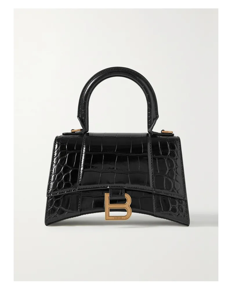 Balenciaga Hourglass Xs Croc-effect Leather Tote - Black Black