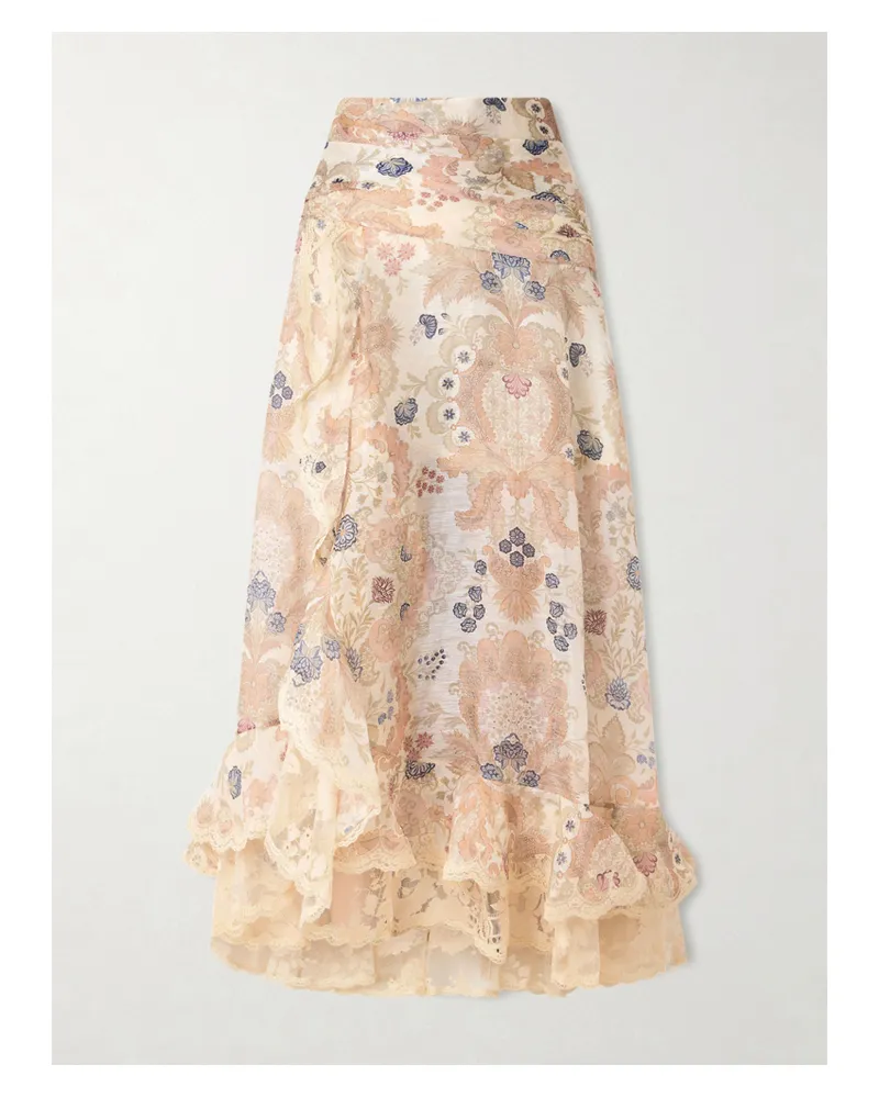 Zimmermann Rebellion Lace-trimmed Floral-print Linen And Silk-blend Maxi Skirt - Neutrals Neutrals