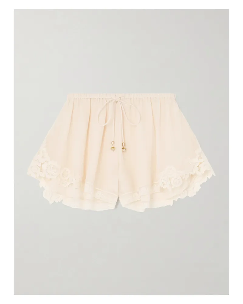 Zimmermann Awaken Lace-trimmed Cotton And Silk-blend Crepe De Chine Shorts - Neutrals Neutrals