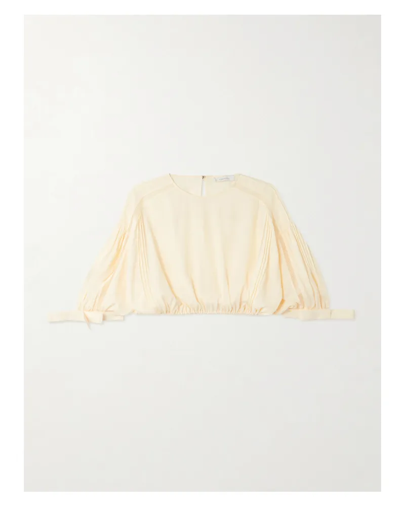 Paco Rabanne Cropped Bow-detailed Lace-trimmed Pleated Crepe Top - Neutrals Neutrals