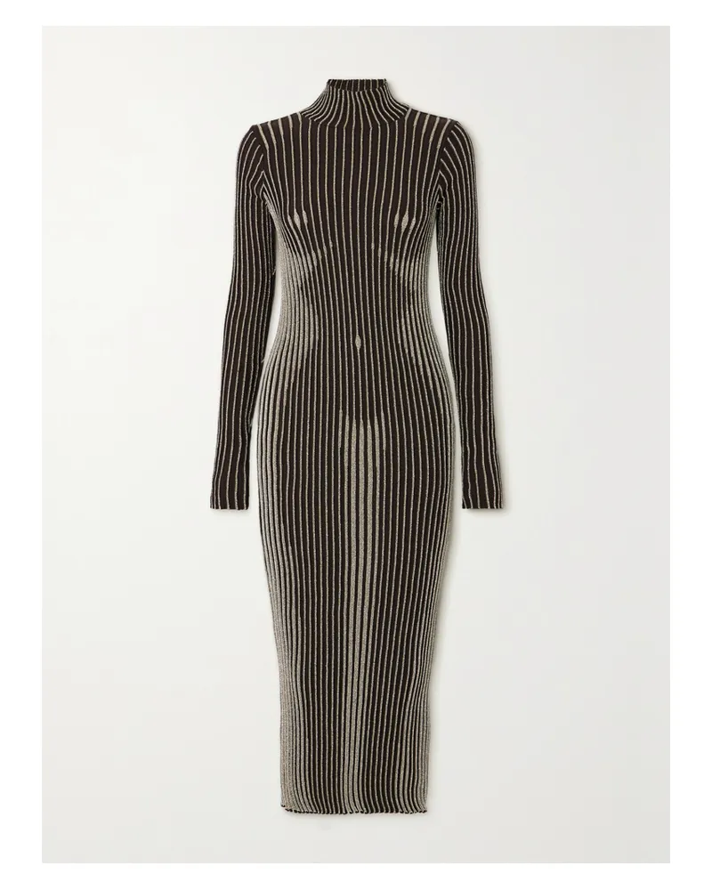 Jean Paul Gaultier Trompe L'oeil Midikleid Aus Einer Gerippten Metallic-merinowollmischung Mit Stehkragen - Braun Braun