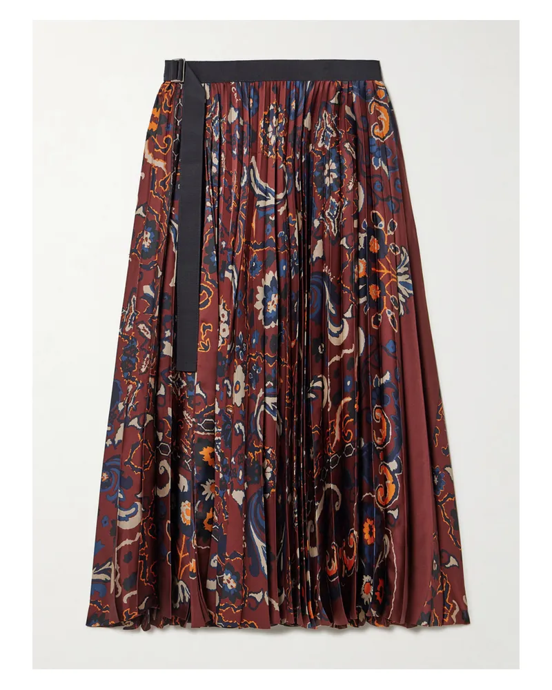 Sacai Midirock Aus Plissiertem Satin Mit Blumenprint Und Ripsbandgürtel - Burgunder Burgunder