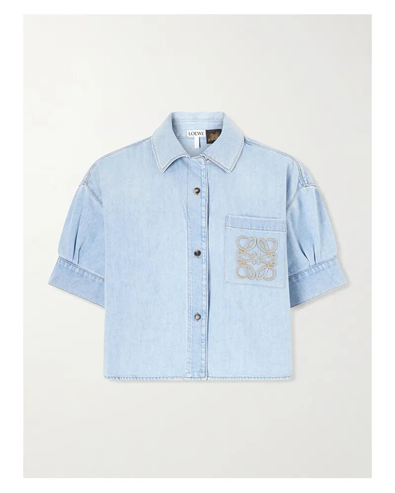 Loewe Logo-embroidered Cropped Denim Shirt - Blue Blue