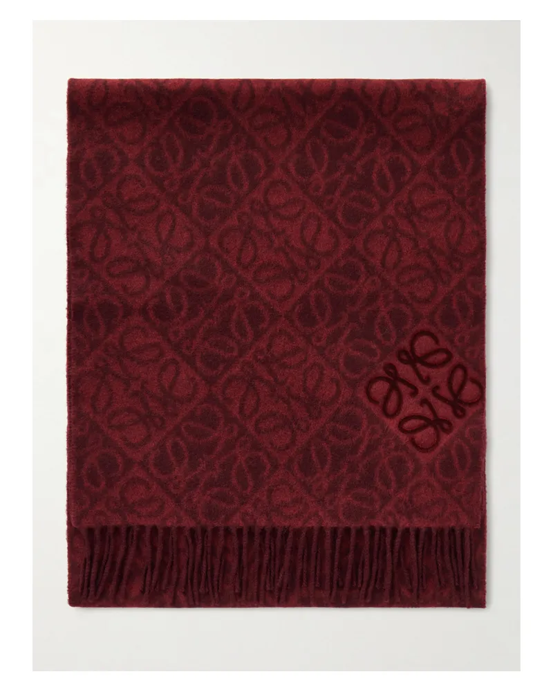 Loewe Fringed Wool And Cashmere-blend Jacquard Scarf - Burgundy Burgundy