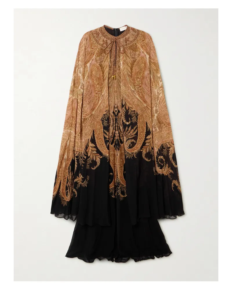 Zimmermann Hypnotic Maxikleid Aus Crêpe De Chine Mit Paisley-muster Und Cape - Schwarz Schwarz