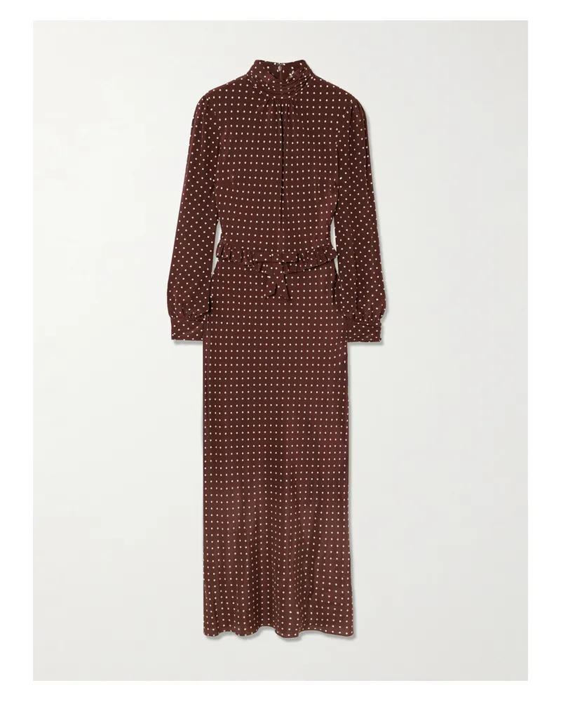 Alessandra Rich Midikleid Aus Crêpe De Chine Aus Seide Mit Punkten, Schleife Und Rüsche - Braun Braun