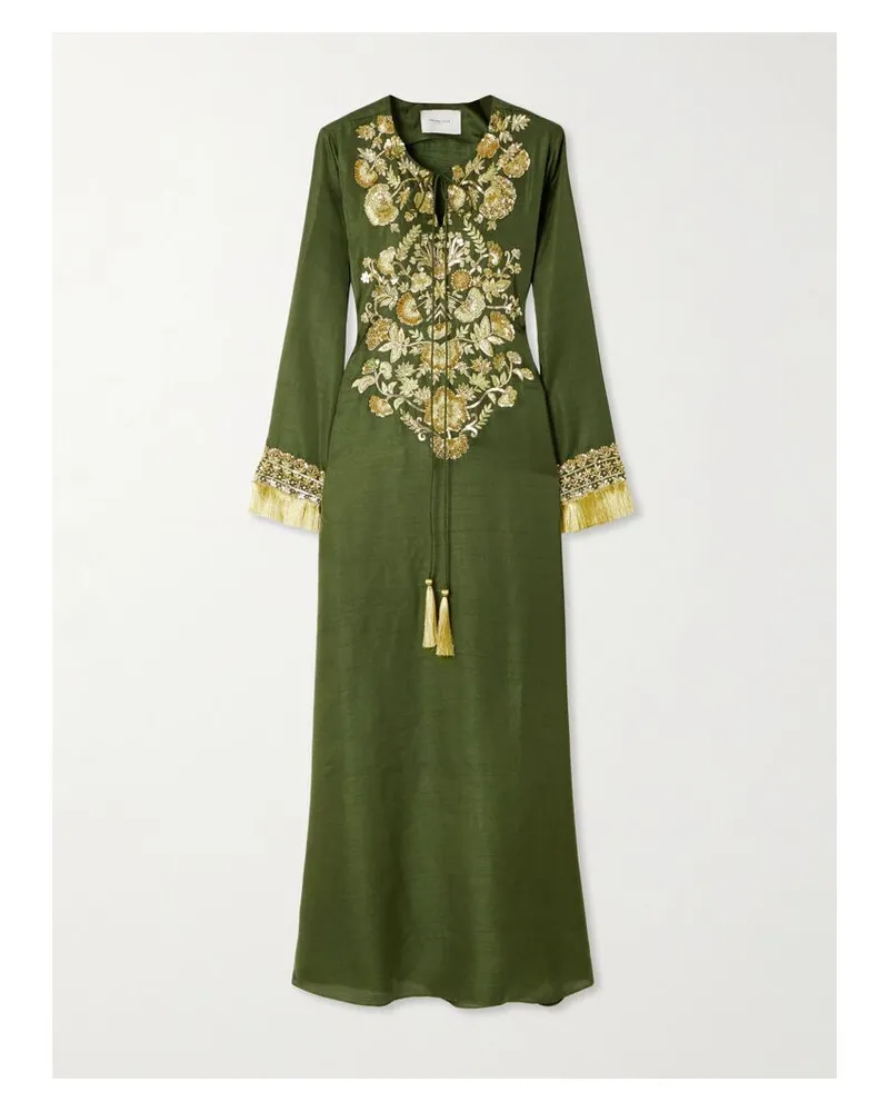 SHATHA ESSA Robe Aus Einer Seidenmischung Mit Stickereien, Fransen Und Verzierungen - Grün Grün