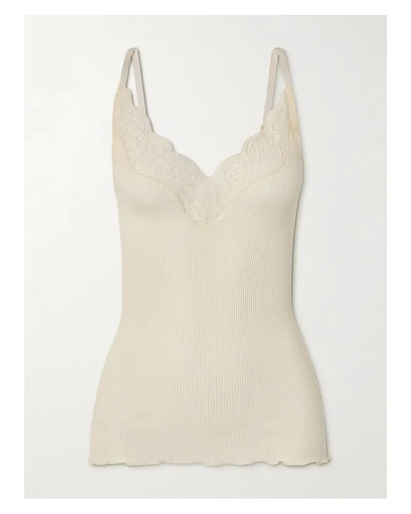 Saint Laurent Top Aus Geripptem Seiden-jersey Mit Spitzenbesatz - Neutral Neutral