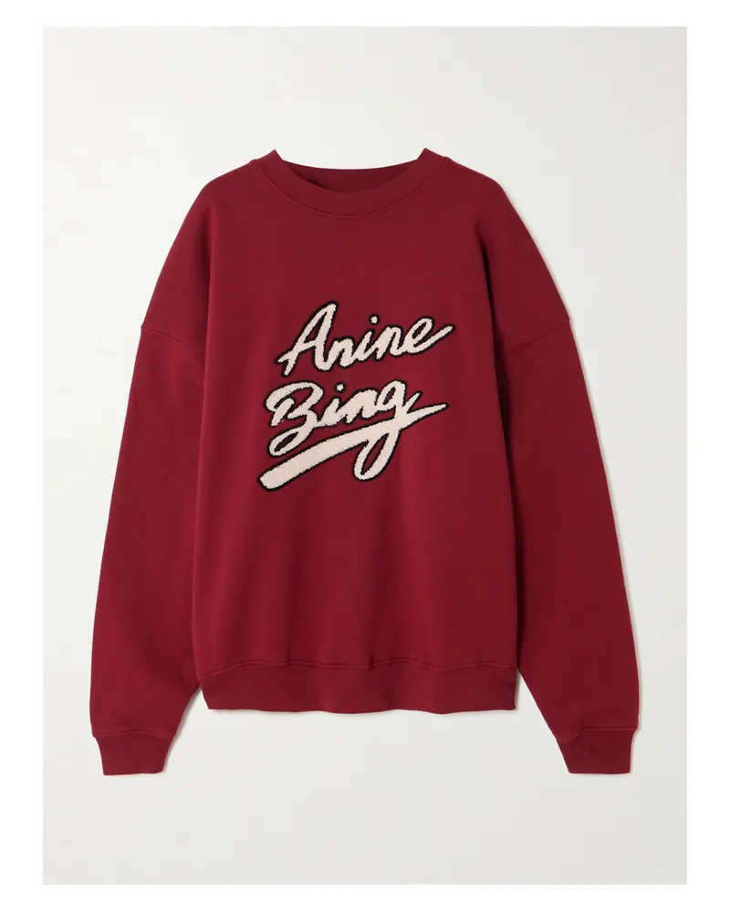 Anine Bing Miles Appliquéd Chenille-trimmed Cotton-jersey Sweatshirt - Burgundy Burgundy