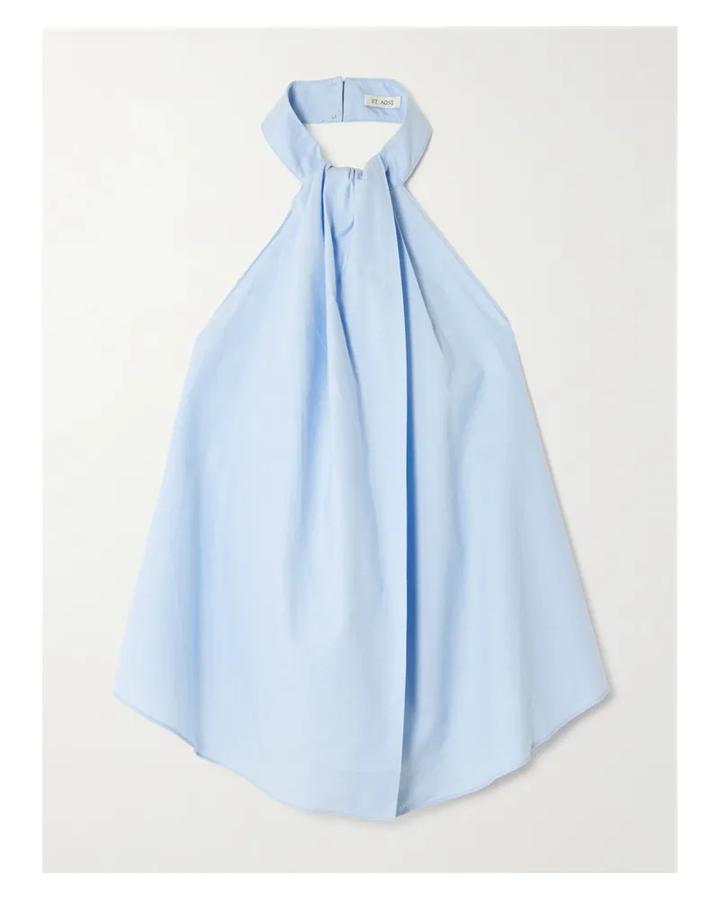 St. Agni Open-back Gathered Organic Cotton-poplin Halterneck Top - Blue Blue