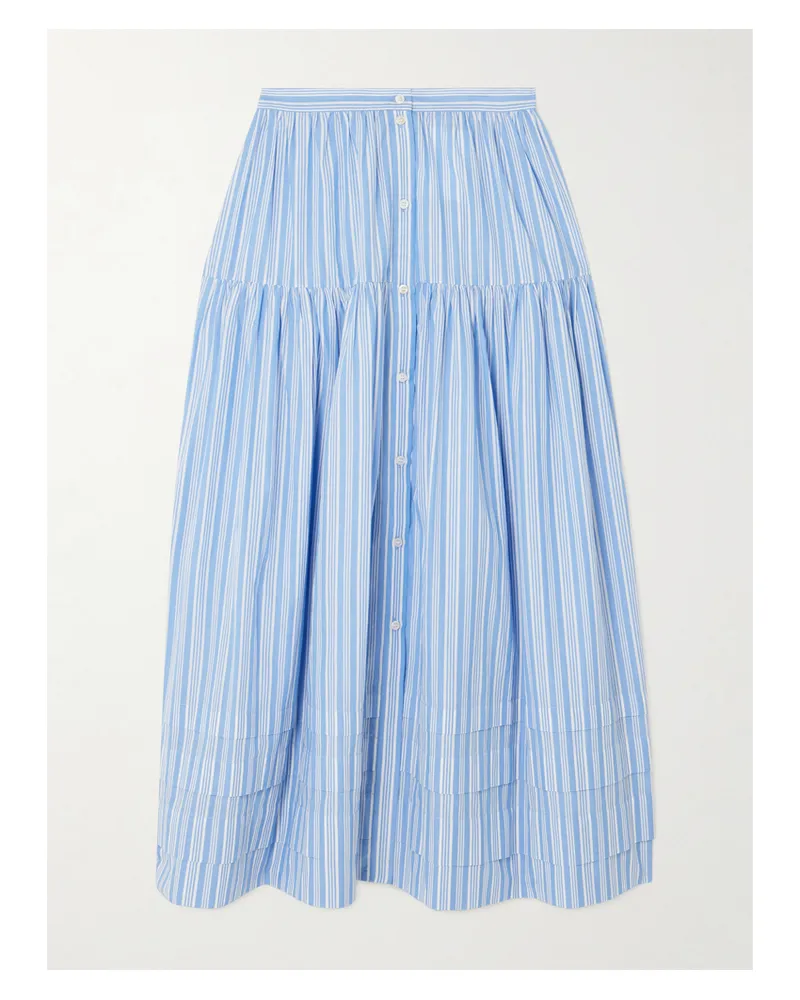 DÔEN Marceline Tiered Striped Organic Cotton Midi Skirt - Blue Blue