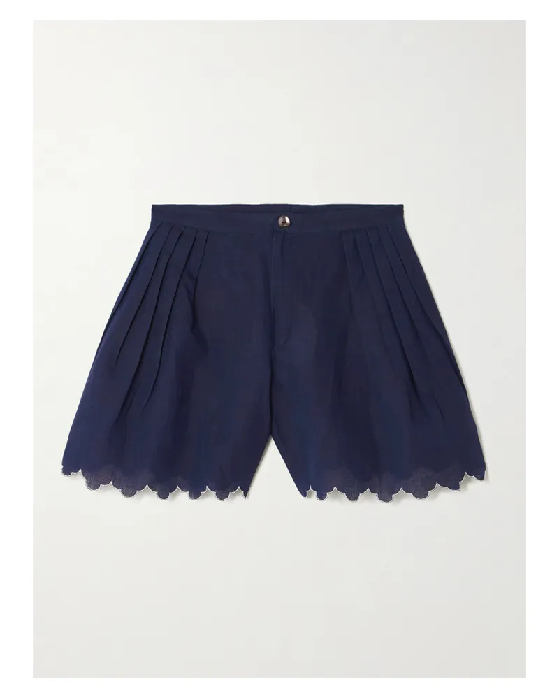 Thierry Colson Kenya Scalloped Pleated Cotton And Linen-blend Shorts - Blue Blue