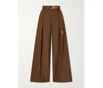 Belted Pleated Crepe Wide-leg Pants - Brown