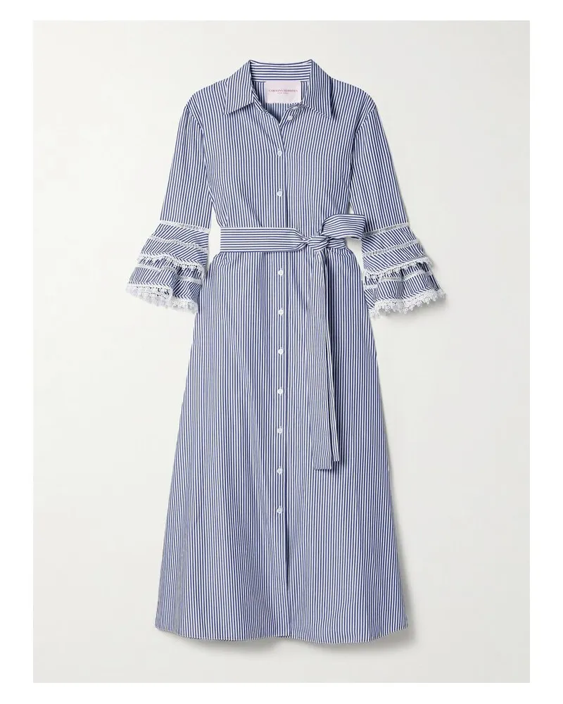 Carolina Herrera New York Midi-hemdblusenkleid Aus Gestreifter Baumwollpopeline Mit Besätzen Aus Guipure-spitze Und Bindegürtel - Blau Blau