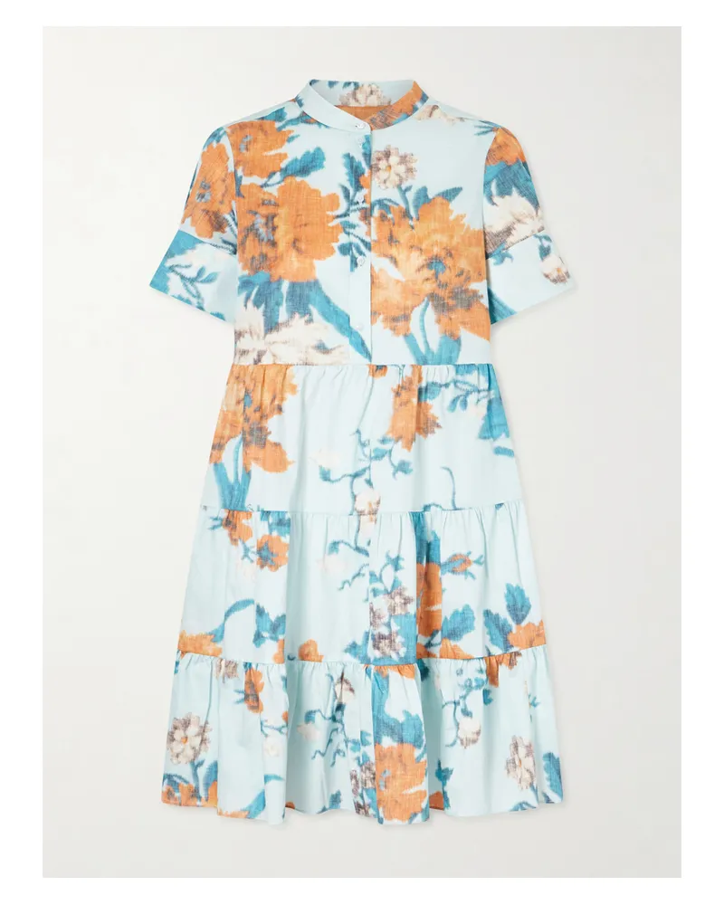 Erdem Tiered Floral-print Cotton Mini Dress - Blue Blue