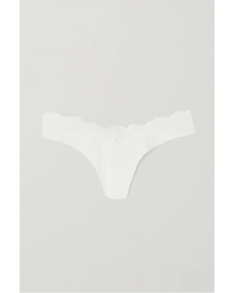 SKIMS Fits Everybody Corded Lace Dipped Thong – Marble – String aus Stretch-jersey Wollweiß