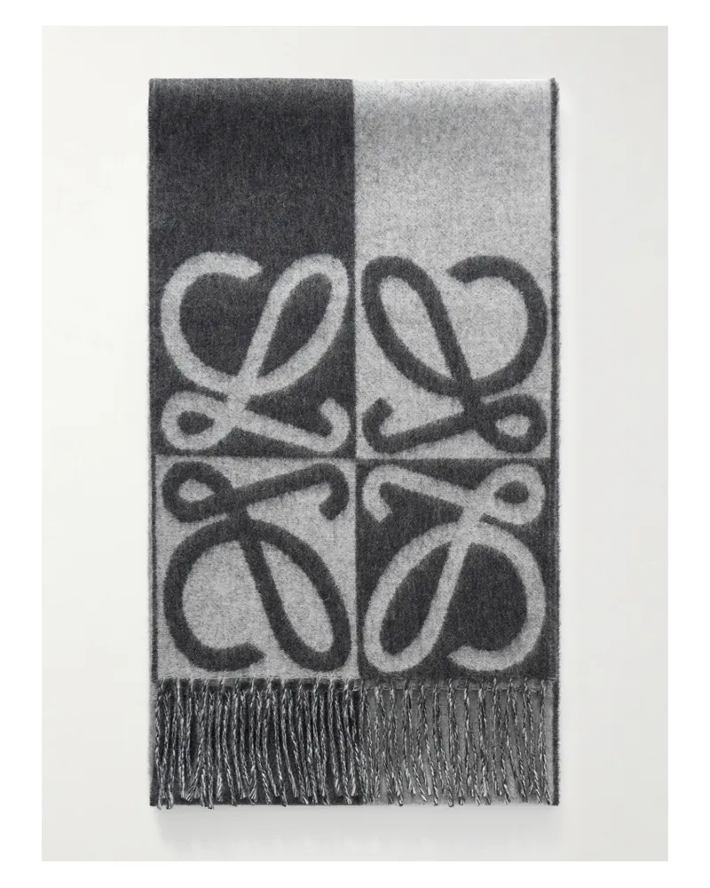 Loewe Fringed Wool And Cashmere-blend Jacquard Scarf - Gray Gray