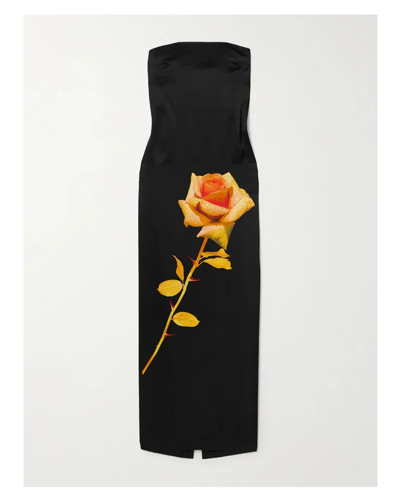 David Koma Trägerlose Robe Aus Seidensatin Mit Blumenprint - Schwarz Schwarz