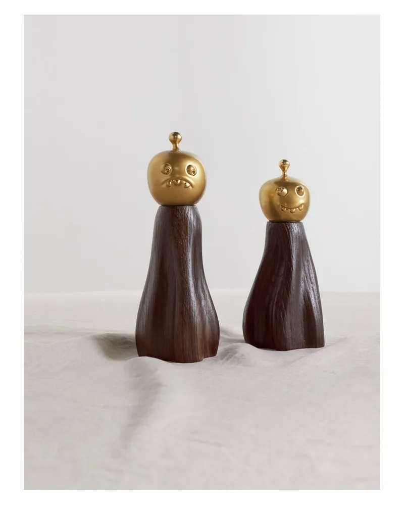 L’OBJET Haas Brothers Fantomes Set Aus Salz- Und Pfefferstreuer Aus Holz Mit Goldfarbenen Details - Braun Braun