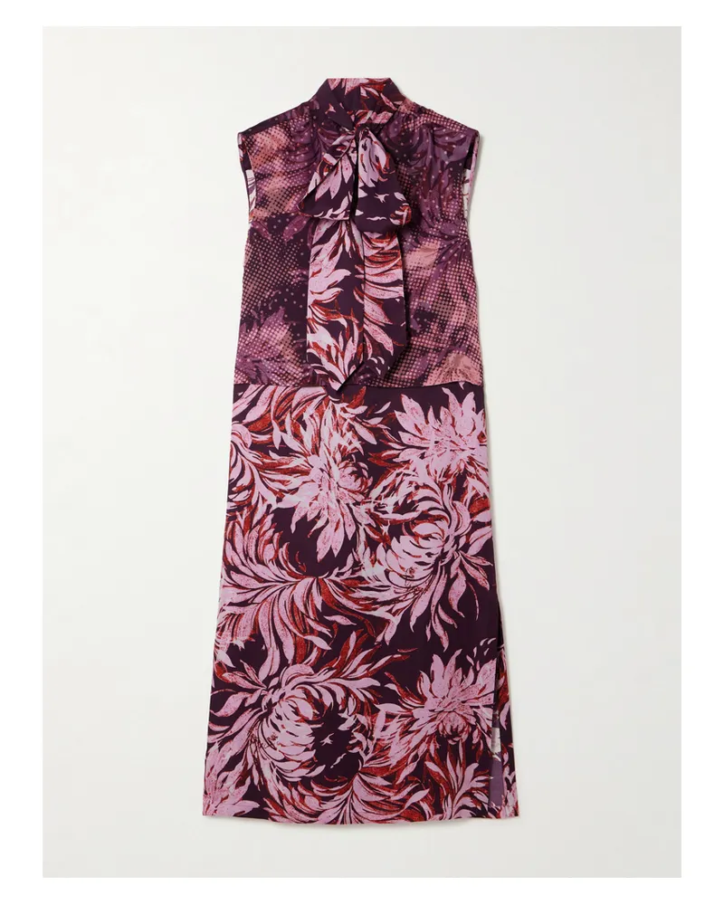Dries van Noten Midikleid Aus Satin Mit Blumenprint Und Schluppe - Burgunder Burgunder