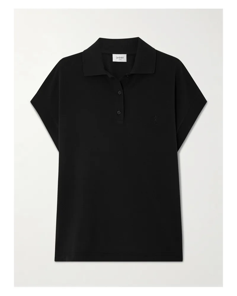 Saint Laurent Embroidered Cotton-blend Piqué Polo Shirt - Black Black