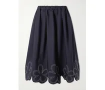 Embroidered Gabardine Midi Skirt - Blue