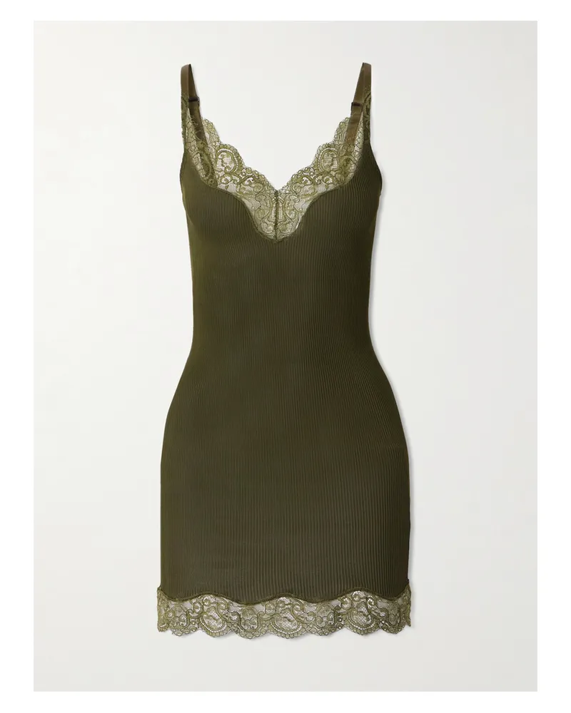 Saint Laurent Minikleid Aus Geripptem Seiden-jersey Mit Spitzenbesätzen - Grün Grün