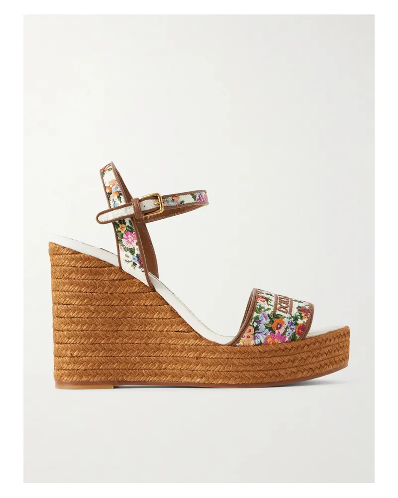 Dolce & Gabbana Leather-trimmed Embroidered Canvas Platform Wedge Sandals - Neutrals Neutrals