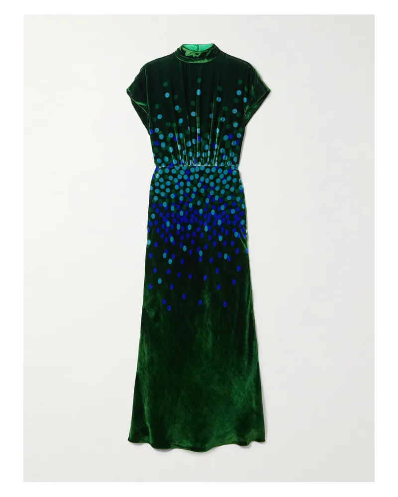 Saloni Fabienne Gathered Printed Velvet Midi Dress - Green Green