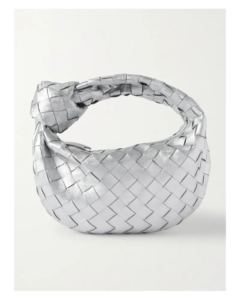 Bottega Veneta Jodie Mini Knotted Intrecciato Distressed Metallic Leather Tote - Silver Silver