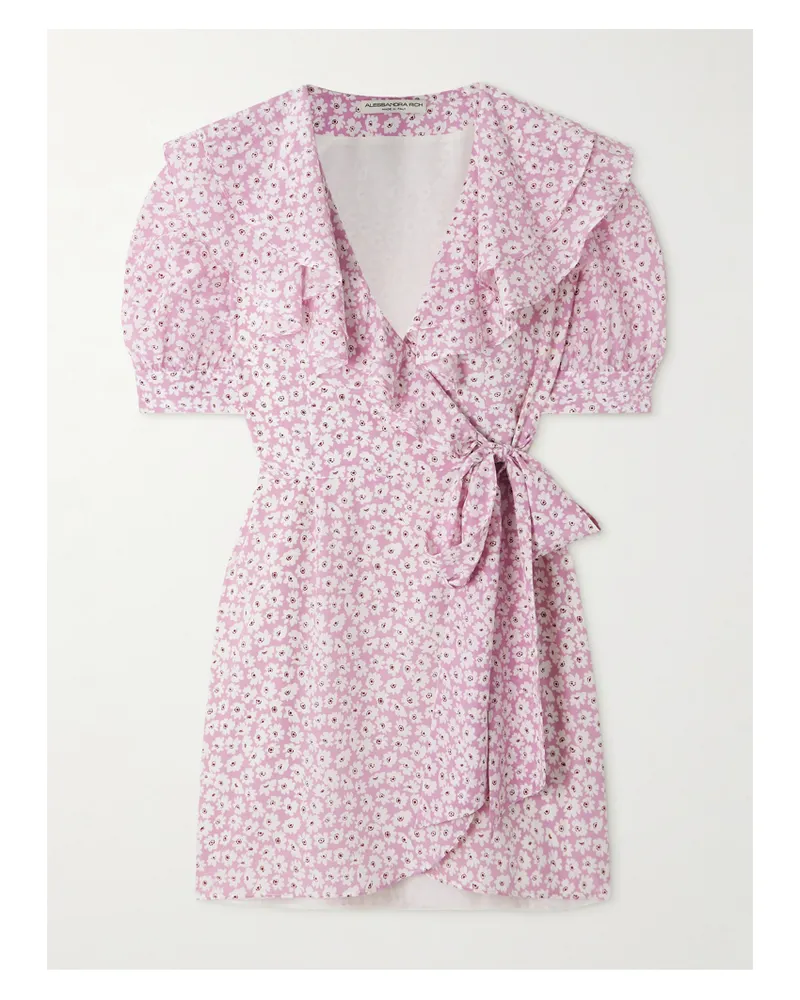 Alessandra Rich Mini-wickelkleid Aus Seiden-georgette Mit Blumenprint Und Rüschen - Pink Pink
