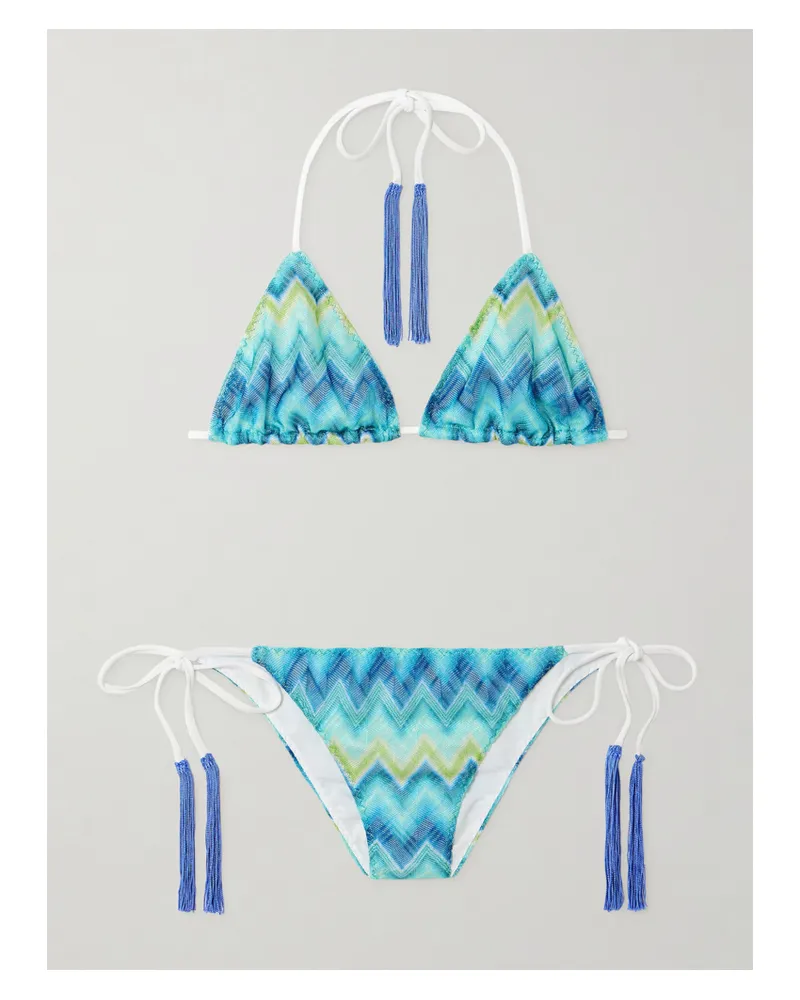 Missoni Mare Triangel-bikini Aus Gestreiftem Häkelstrick Mit Fransen - Blau Blau