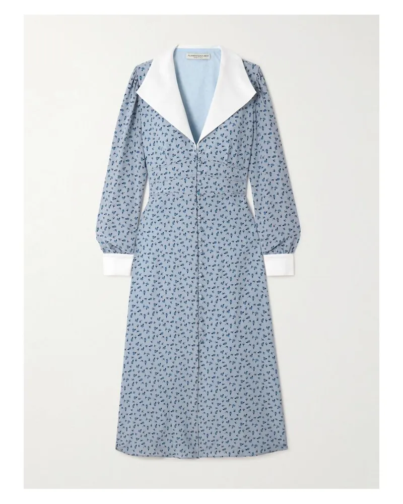 Alessandra Rich Midi-hemdblusenkleid Aus Crêpe De Chine Aus Seide Mit Blumenprint Und Mikadobesätzen - Blau Blau