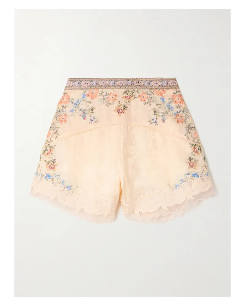 Camilla Shorts Aus Glänzendem Jacquard Mit Tüllbesätzen, Blumenmuster, Kristallen Und Stickereien - Creme Creme