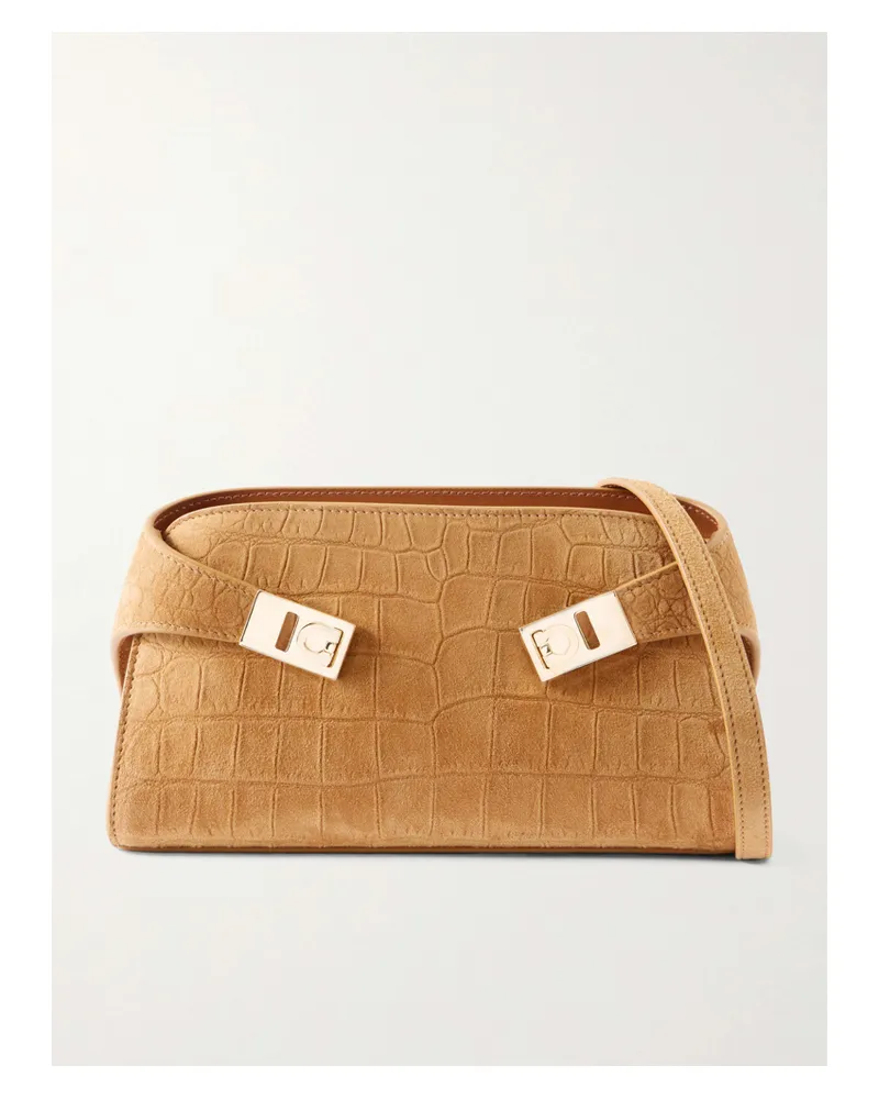 Ferragamo Hug Embellished Croc-effect Suede Shoulder Bag - Brown Brown