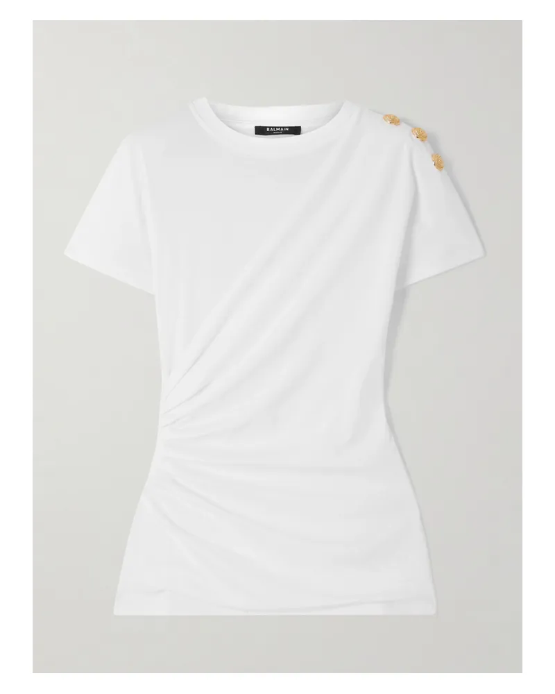 Balmain T-shirt Aus Baumwoll-jersey Mit Zierknöpfen, Raffung Und Print - Weiß Weiß