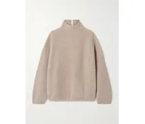 Bead-embellished Ribbed Cashmere Turtleneck Sweater - Brown