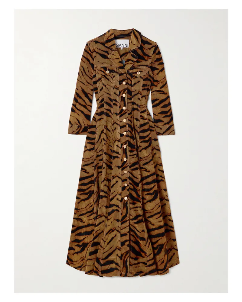 Ganni Maxikleid Aus Denim Mit Flockprint - Animal-Print Animal-print