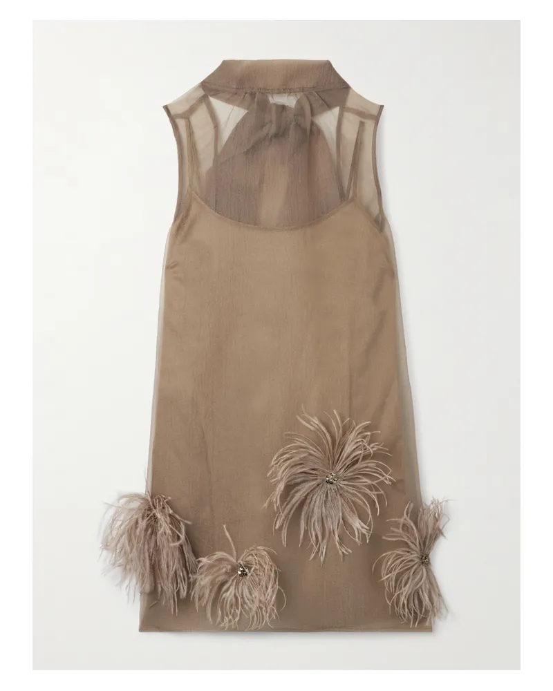 STAUD Albee Minikleid Aus Krepon Mit Stehkragen, Federn Und Verzierungen - Braun Braun